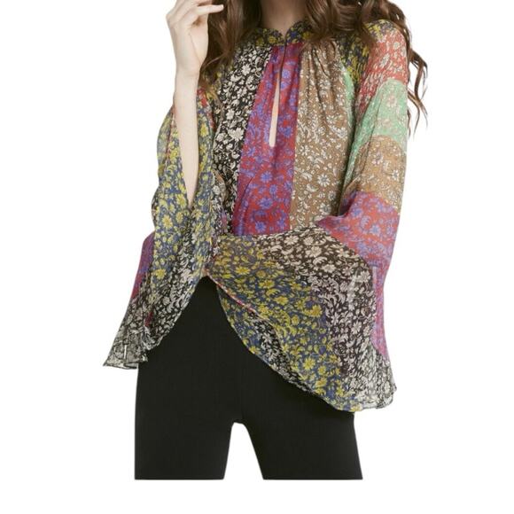 Alice + Olivia Prija Wide Sleeve Blouse bohemian size XS Green Red Blue - Picture 3 of 11